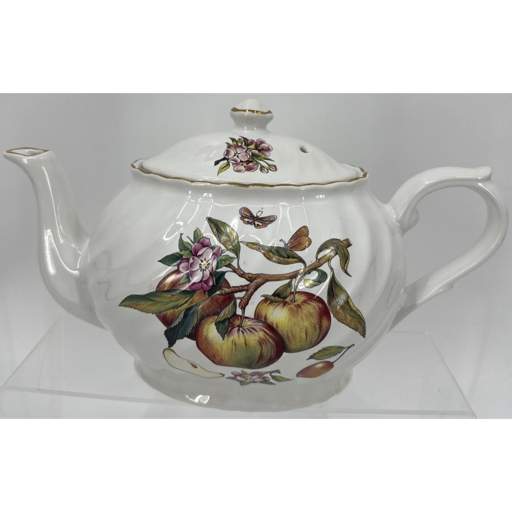 Vtg Arthur Wood & Son Staffordshire England Teapot 6459 Apples‎ Peach Gold Trim